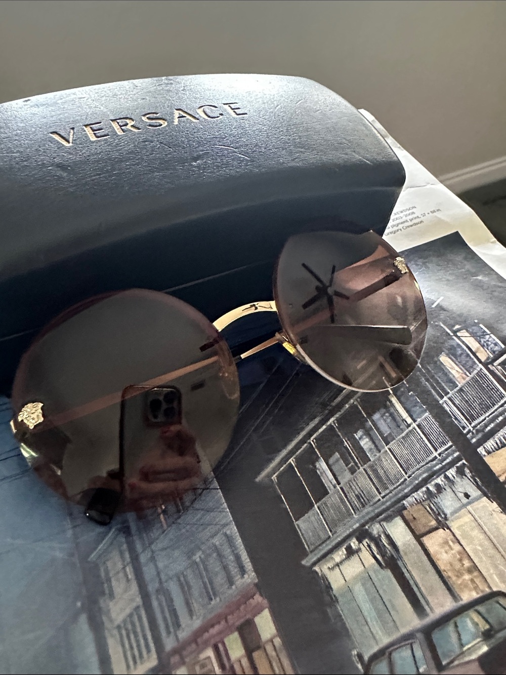 Versace Gold-Accented Round Sunglasses with Brown Gradient Lenses